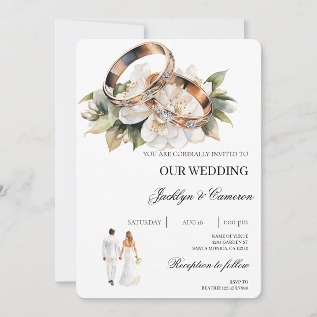 Convites White Floral com anel Casamento (Frente)