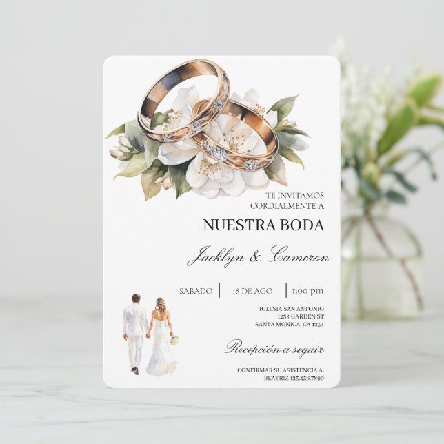 Convites White Floral com anel Casamento Espanhol (Em pé/Frente)