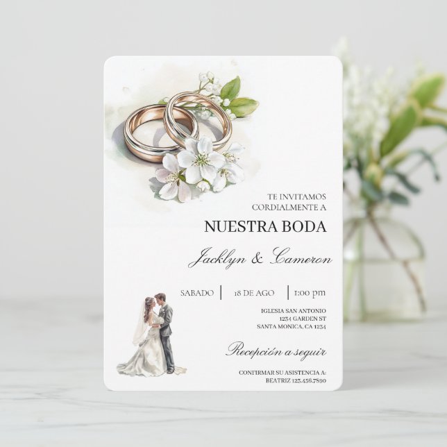 Convites White Floral com anel Casamento Espanhol (Em pé/Frente)