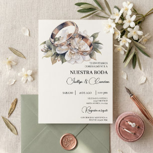 Convites White Floral com anel Casamento Espanhol