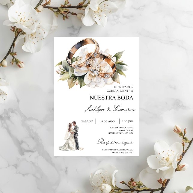 Convites White Floral com anel Casamento Espanhol (Criador carregado)