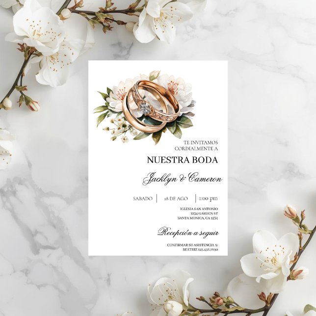 Convites White Floral com anel Casamento Espanhol (Criador carregado)