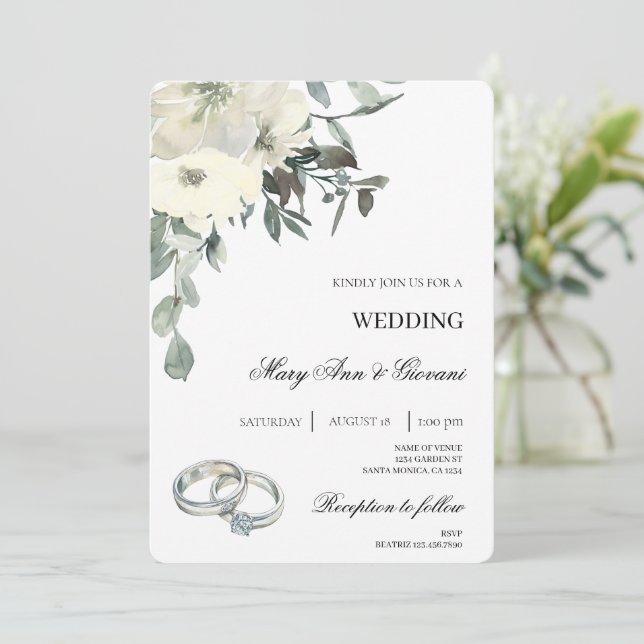 Convites White Floral com anel de ouro Casamento (Em pé/Frente)
