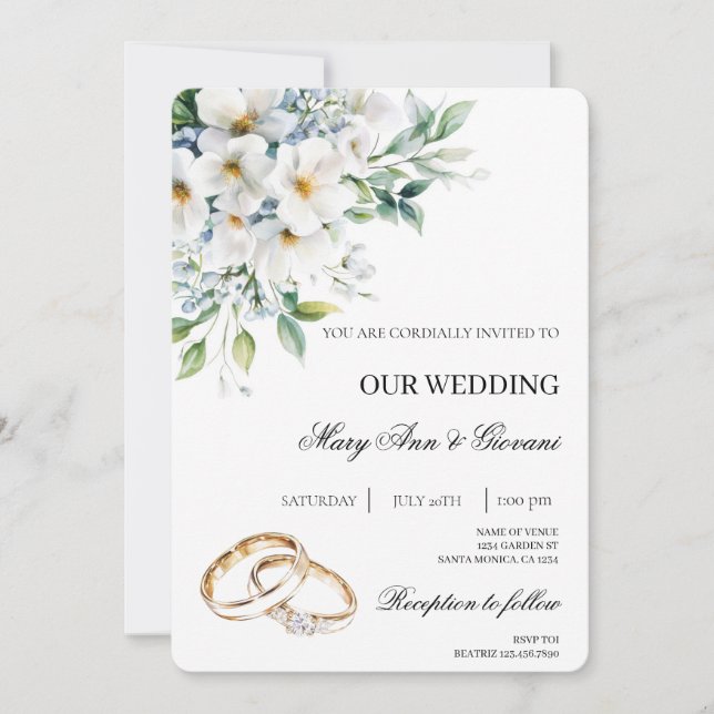 Convites White Floral com anel de ouro Casamento (Frente)