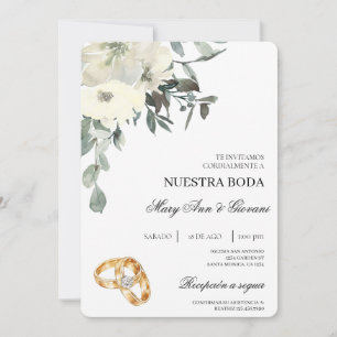 Convites White Floral com anel de ouro Casamento Espanhol