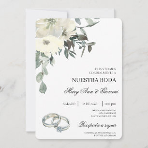 Convites White Floral com anel prateado Casamento Espanhol