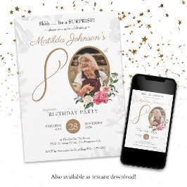 Convites White Floral Custom Photo Surprise Birthday