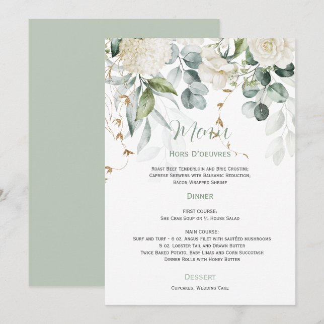 Convites White Floral e Eucalyptus Weding Menu (Frente/Verso)