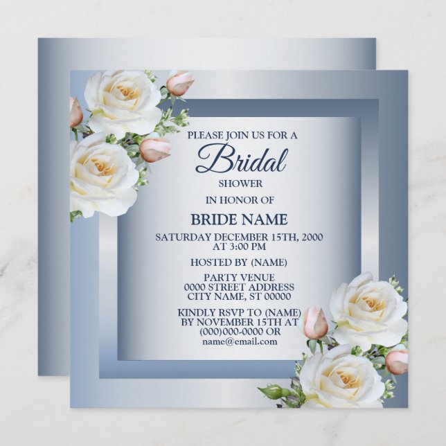 Convites White Floral Elegant Blue Gray Bridal Shower (Frente/Verso)