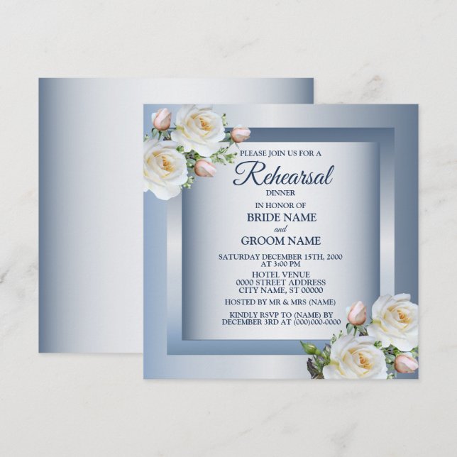 Convites White Floral Elegant Blue Gray Rehearsal Dinner (Frente/Verso)