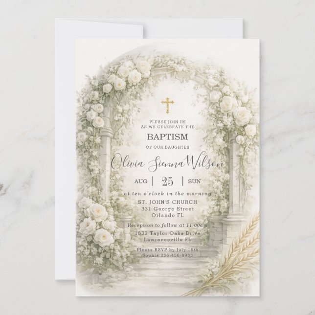 Convites White Floral Garden Wheat Baptism Christening (Frente)