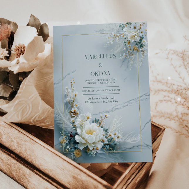 Convites White Floral Gold Frame Marble Texture Wedding (Criador carregado)
