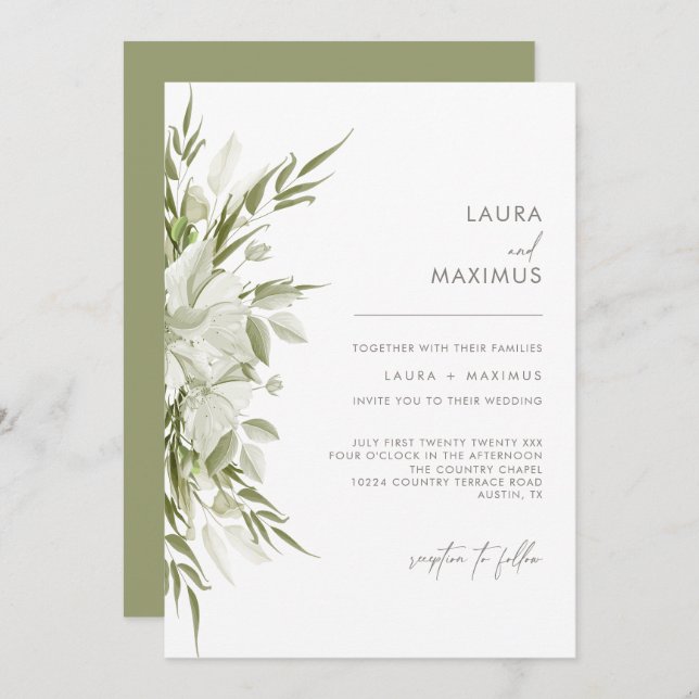 Convites White Floral Greenery Wedding (Frente/Verso)