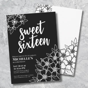 Convites White Floral Negro Doce Dezesseis Festas de aniver