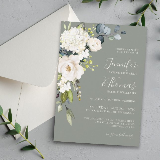 Convites White Floral sobre Sage Green Elegant Wedding (Criador carregado)