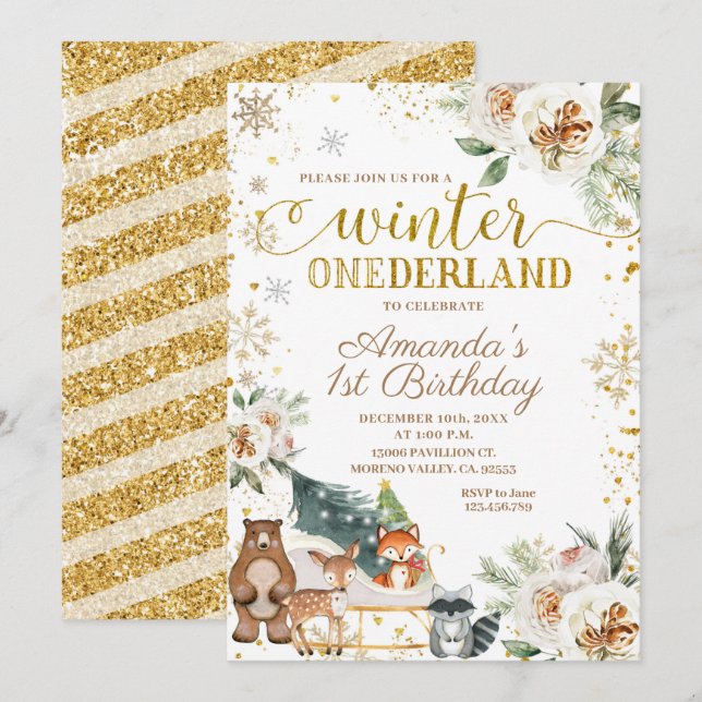 Convites White Floral Winter Onederland Birthday (Frente/Verso)