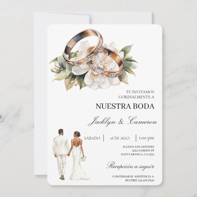 Convites White Floral with ring Spanish Wedding (Frente)