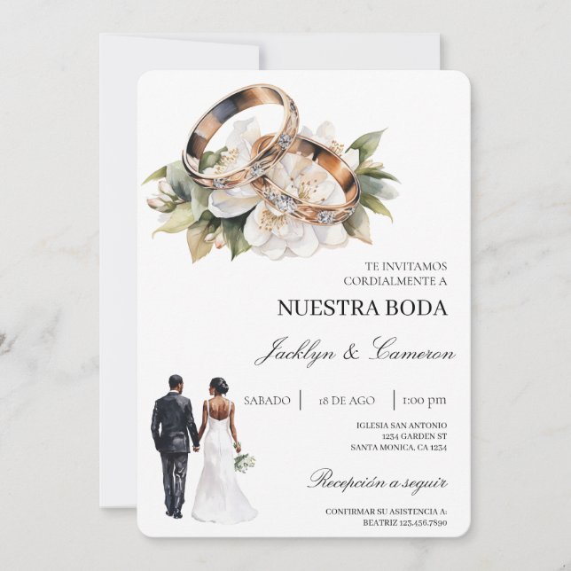 Convites White Floral with ring Spanish Wedding (Frente)