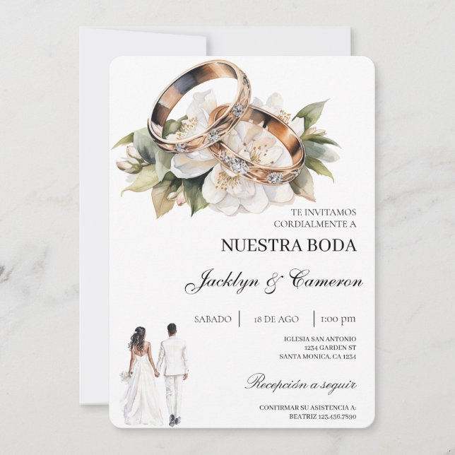 Convites White Floral with ring Spanish Wedding (Frente)