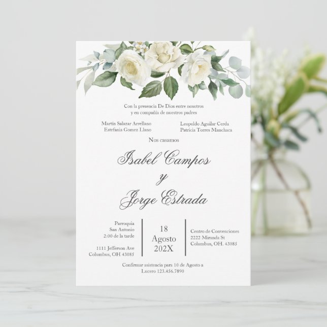 Convites White flower Greenery Wedding Invitation (Em pé/Frente)