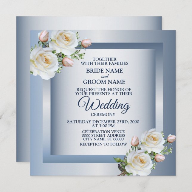 Convites White Flowers Elegant Blue Gray Wedding (Frente/Verso)