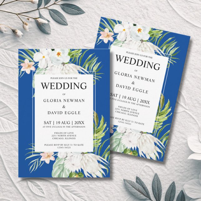 Convites White Flowers on Blue Wedding  Invitation (Criador carregado)