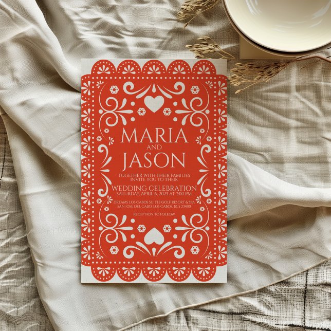 Convites White Folk Art Wedk, Branca, Papel Mexicano Picado (Mexican Papel Picado Orange White Folk Art Wedding Invitation)