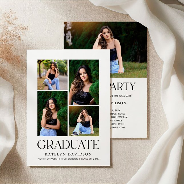 Convites White Graduate Four Photo Collage Black Grad Party (Criador carregado)