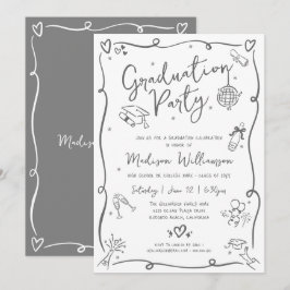 Convites White Gray Hand Drawn Doodles Graduation Fun Party