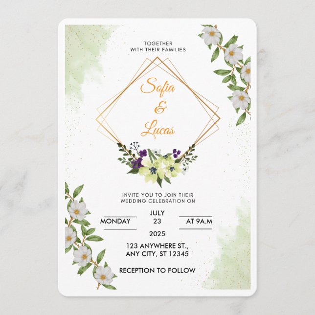Convites White & Green Floral Watercolor Wedding Invitation (Frente)