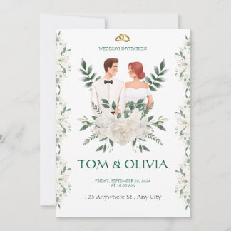 Convites White & Green Minimalist Floral Wedding Invitation