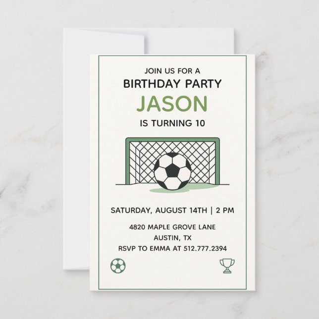 Convites White & Green Soccer Birthday • Boys Sports Party (Frente)