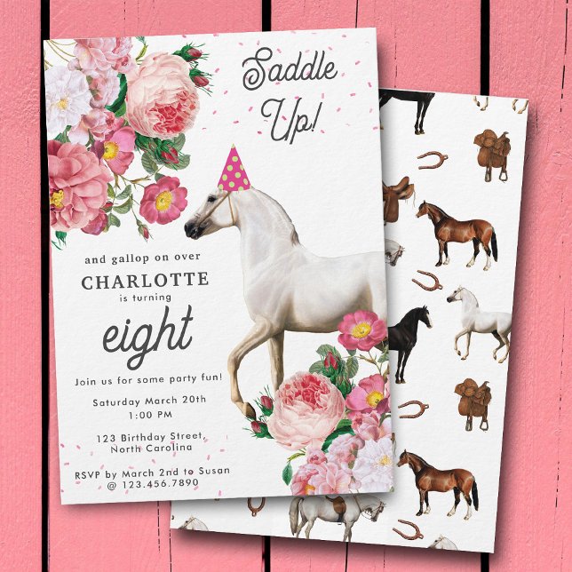 Convites White Horse Pink Floral Girl Cowgirl Birthday (White Horse Pink Floral Girl Cowgirl Birthday Invitation)