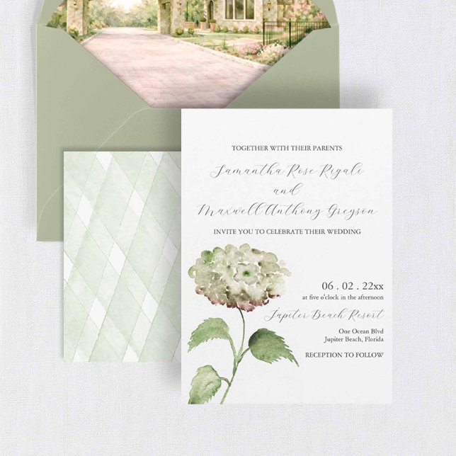 Convites White Hydrangea Wedding Invitation Invitations (Watercolor flower wedding invitations with venue envelope liner and green hydrangeas)