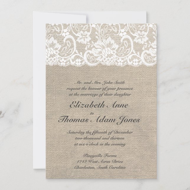 Convites White Lace and Burlap Wedding Invitation (Frente)