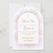 white lilac flowers Baptism thank you card