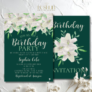 Convites White Lily Birthday Elegante Emerald Green Floral