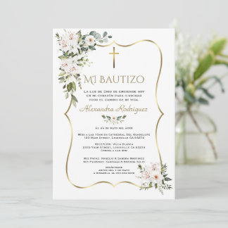 Convites White Lily Rose Bautizo Con Flores Gold Baptism 