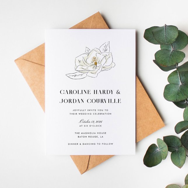 Convites White Magnolia Ilustração Moderna Casamento Mínimo (Elegant Southern-inspired white magnolia illustration wedding invitation.)