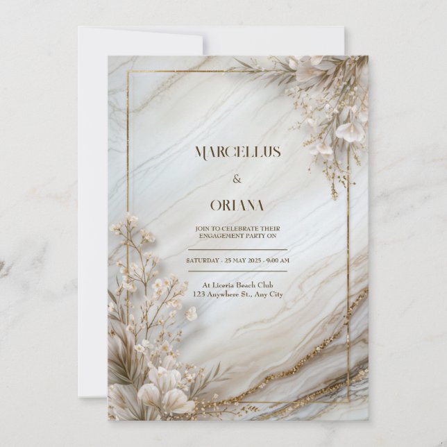 Convites White Marble Gilded Botanical Wedding (Frente)