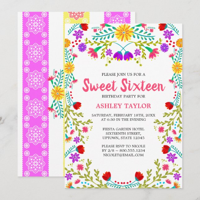 Convites White Mexicano Fiesta Folk Art Floral Sweet 16 (Frente/Verso)