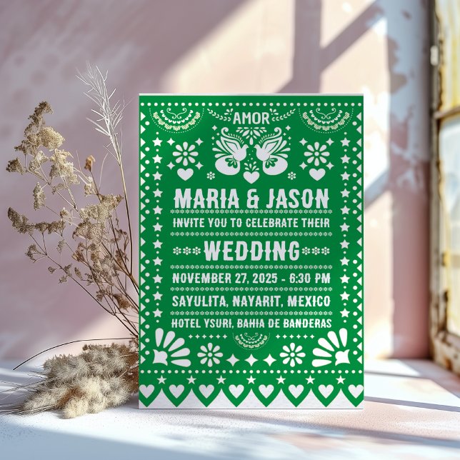 Convites White Papel Picado Fiesta Folk Art (Mexican Green Papel Picado Fiesta Folk Art Wedding Invitation)