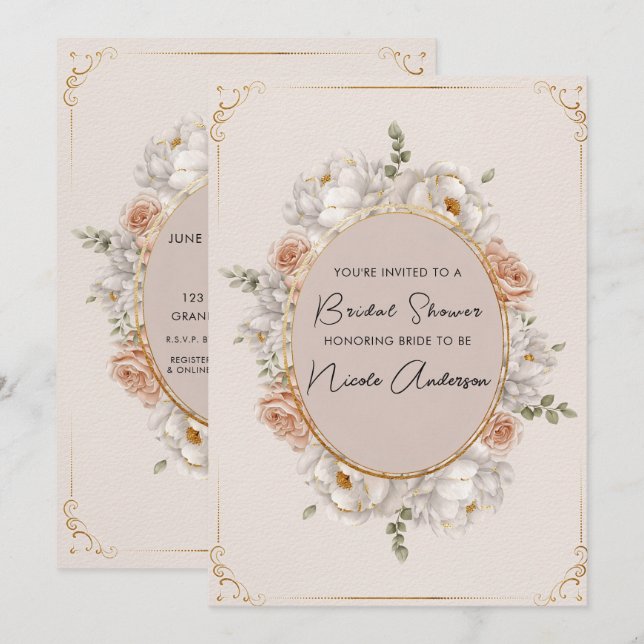Convites White Peony & Blush Rose Floral Bridal (Frente/Verso)