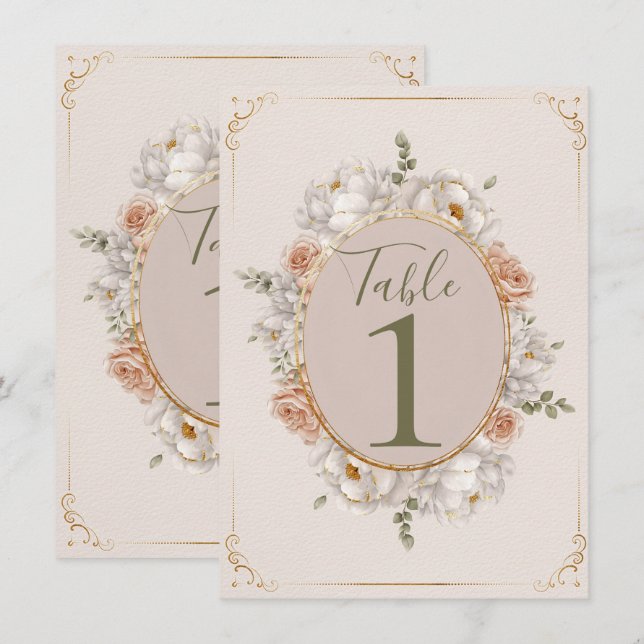 Convites White Peony & Blush Rose Floral Table Numbers (Frente/Verso)