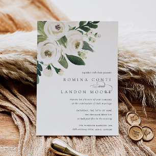 Convites White Peony   Watercolor Floral Wedding