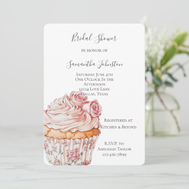 Convites White Pink Roses Floral Cupcake Bridal Shower (Em pé/Frente)