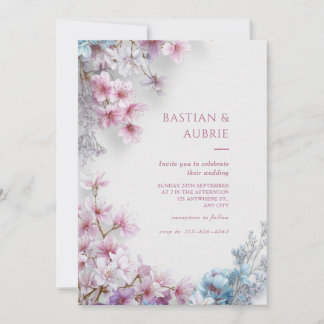Convites White Plaster Pink Sakura Botanical Border Wedding
