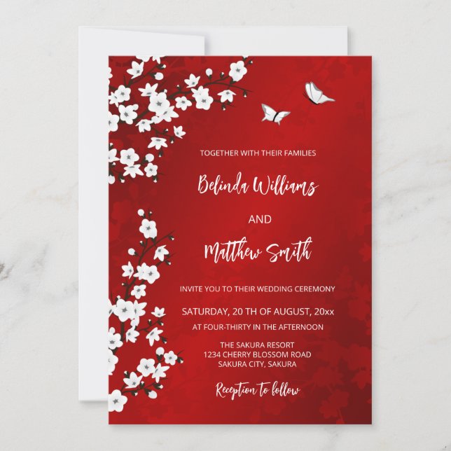 Convites White  Red Cherry Blossom | Wedding (Frente)
