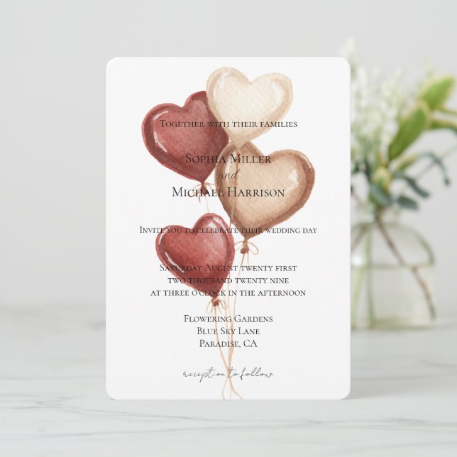 Convites White Red Cream Heart Balloons Wedding (Em pé/Frente)