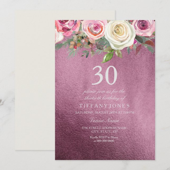 Convites White Rose Pink Burgundy Foil aniversário de 30 an (Frente/Verso)
